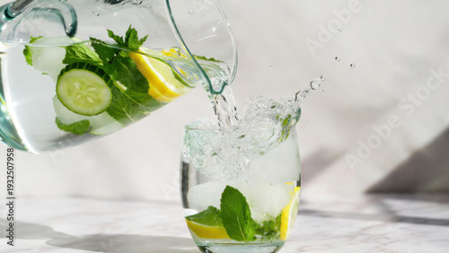 Wallpaper Mural Refreshing infused water with lemon, cucumber, and mint being poured into a glass Torontodigital.ca