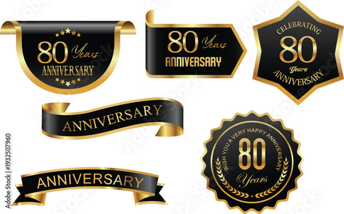 Elegant gold and black 80th anniversary labels and banners