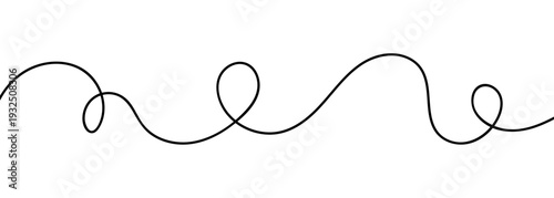 Continuous black squiggle line cable creating abstract wavy vector illustration pattern on white background. Curvy cable thread flowing horizontally with organic squiggle line loops and tangled curve.