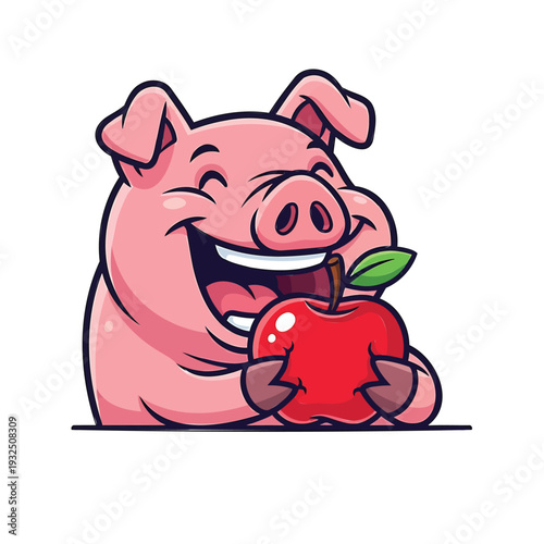 A cartoon pig happily holding a red apple in its hooves, sitting on a surface, viewed from the side, illustration