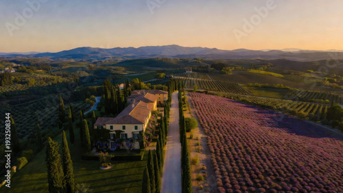 Wallpaper Mural Aerial view of a Tuscan villa with lavender fields and vineyards at sunset Torontodigital.ca