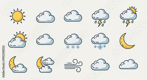 Weather Icons Depicting Various Atmospheric Conditions and Celestial Bodies.