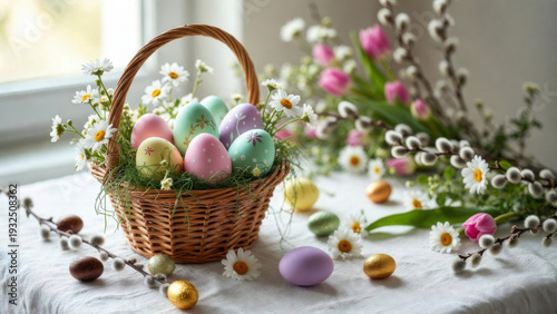 Wallpaper Mural Beautiful Easter basket filled with colorful decorated eggs and spring flowers Torontodigital.ca