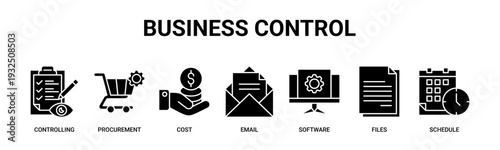 Business Control web banner icon vector illustration concept with icons of controlling, procurement, cost, email, software, files, schedule.