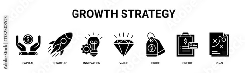 Growth Strategy web banner icon vector illustration concept with icons of capital, startup, innovation, value, price, credit, plan.