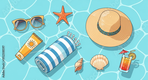 Summer essentials - sunglasses, starfish, hat, sunscreen, towel, shells, and cocktail.