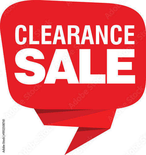 A red speech bubble with clearance sale text