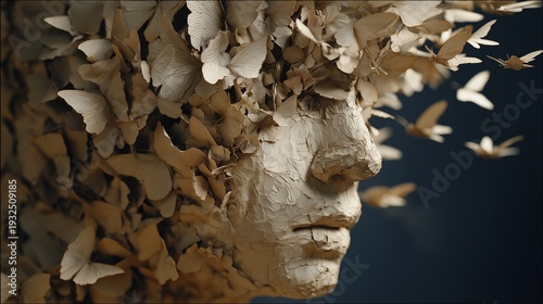 Close-up of Surreal Human Face Portrait Made of Textured Clay and Covered in Swarming White Butterflies Symbolizing Fragility and Natural Rebirth Concept