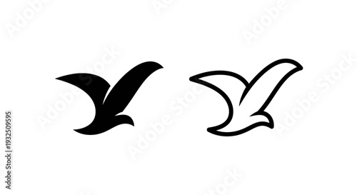 Minimalist Black Flying Bird Silhouette and Outline Vector Icon Set