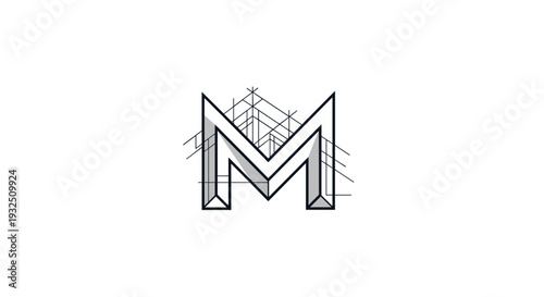 Architectural letter M logo design with building blueprint lines.
