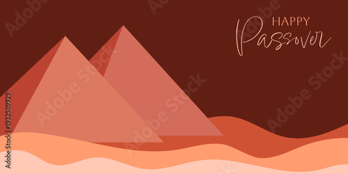 Happy Passover banner with stylized desert landscape and pyramids. Warm minimal illustration. For holiday greetings and posters