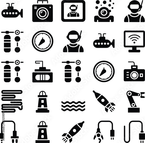 Marine and Underwater Technology Icon Set Featuring Submarine, Scuba Diver, Lighthouse, Rocket, Robotic Arm and Ocean Exploration Equipment Symbols for Nautical Design Projects