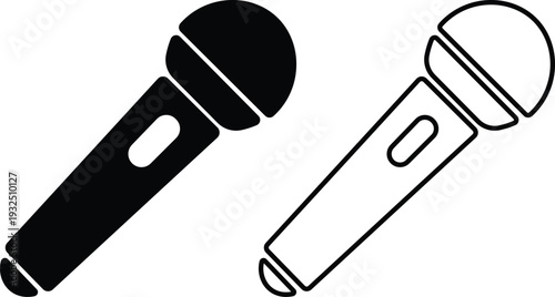 Two simple microphone icons, one solid black and one outlined, representing audio recording and sound.