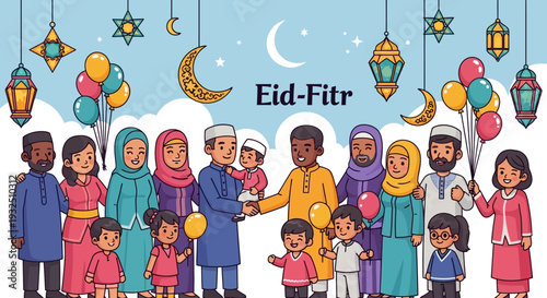 Diverse community celebrating Eid with decorations and family gatherings under a festive sky with moon and stars