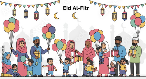 A joyful Eid Al-Fitr celebration featuring diverse family gatherings with colorful balloons and gifts in a festive environment from a frontal viewpoint