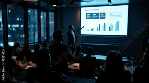 A business professional presents data and strategy to colleagues in a dark conference room with a city view at night.