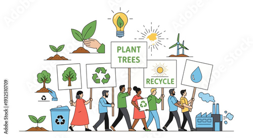 Diverse group of people marching together holding signs promoting environmental conservation and sustainability in a vibrant illustration