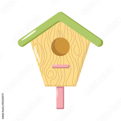 Cartoon-style illustration of a wooden birdhouse with green glossy roof, circular entrance, pink perch and post, playful decorative design for educational, nature-themed, and craft projects