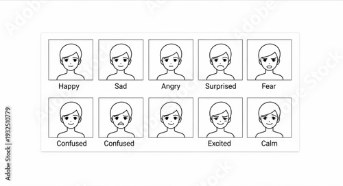 Illustrative depiction of various human emotions expressed through facial expressions.