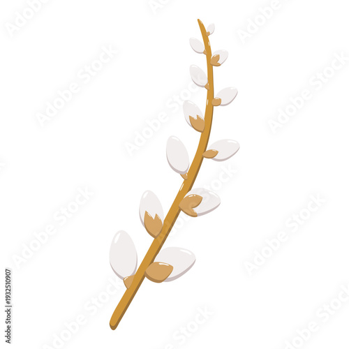 Illustration of pussy willow branch with light brown stem and multiple white oval catkins in small buds, simple seasonal design for spring, botanical, educational, and decorative projects