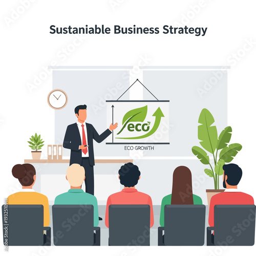 Businessman presenting sustainable strategy to audience in a modern meeting room with eco-friendly graphics