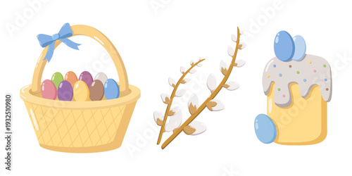 Illustration of Easter basket with colorful eggs, pussy willow branch, and festive cake with icing, sprinkles, and blue eggs, cheerful seasonal design for spring and Easter celebration projects