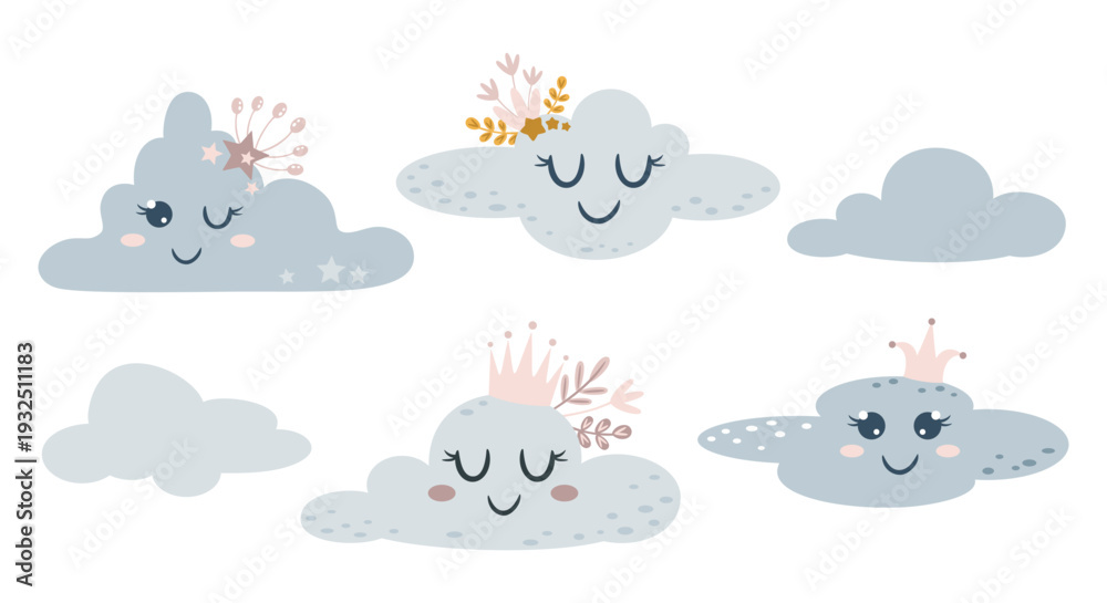 Obraz premium Cute cartoon clouds clipart set, Kawaii celestial designs, Sky objects, Kids hand drawn vector illustrations.