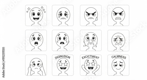 Collection of various sketched facial expressions depicting different emotions and feelings.