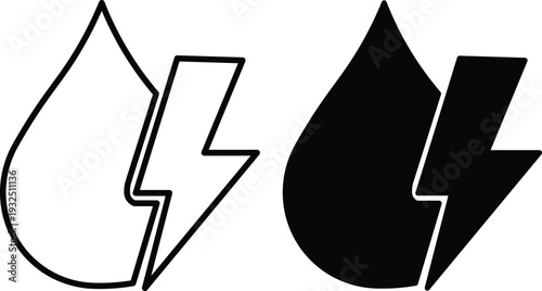 Stylized water drop and lightning bolt symbols in outline and solid black versions, representing energy and power.