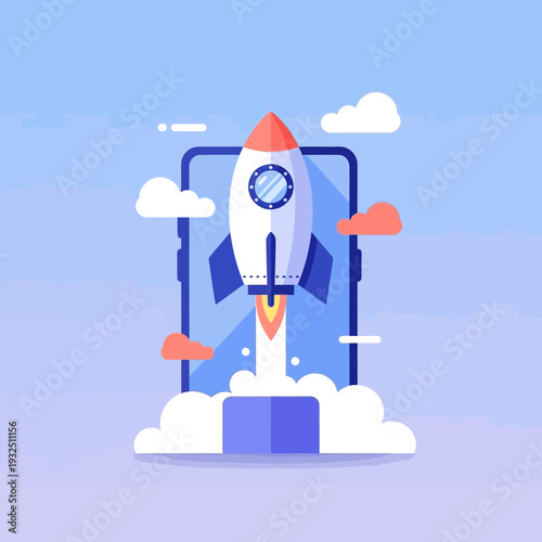 A rocket launching from a mobile phone screen surrounded by clouds in a serene blue environment from a straight-on viewpoint