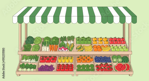 Colorful fresh produce displayed on a green striped outdoor market stall with various fruits and vegetables arranged neatly on shelves