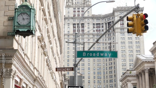 New York City Downtown Civic Center, United States of America. Manhattan municipal building 1914 old historic architecture. Government administration authority. Broadway street sign, Chambers street.