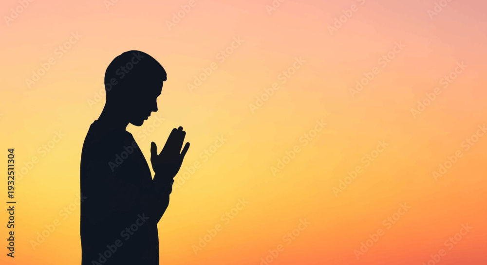 Fototapeta premium Silhouette of a man praying in profile against a vibrant sunset gradient background