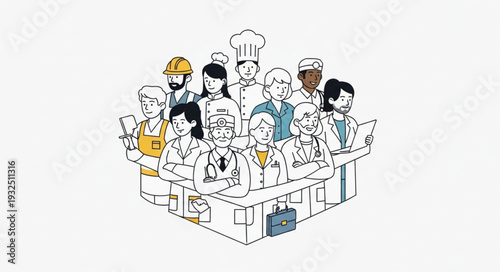 Diverse group of professionals gathered, representing various occupations and teamwork.