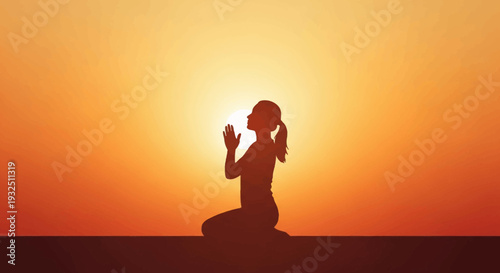 A serene silhouette of a woman meditating at sunset on a tranquil beach viewed from a slight elevation