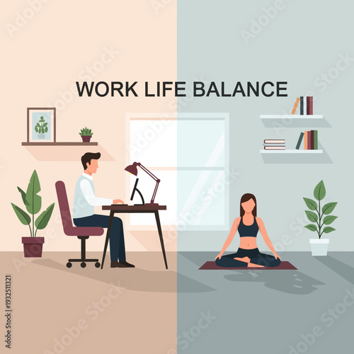 A man working on a laptop and a woman meditating in a serene home environment split into work and relaxation spaces