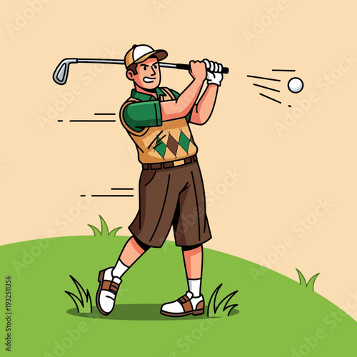 Golfer swinging club hitting ball on green grass, dynamic action shot