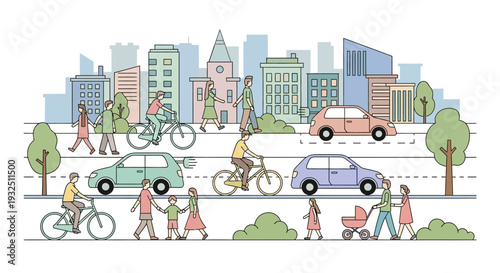 Cityscape illustration showing people cycling and driving on a busy road with cars and buildings in the background