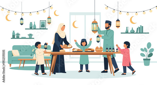 Family Celebrating Ramadan Together in a Festive Living Room with Decorations and Lanterns
