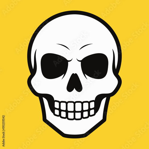 Scary Skull Icon, Halloween Symbol, Danger Warning, Black and White, Yellow Background