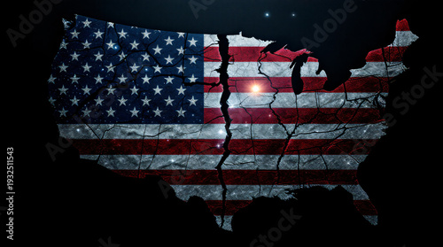 A dark, textured map of the United States, overlaid with the American flag, showing a deep crack down the center with a glowing light.