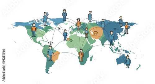 People Network Across Continents in a Vibrant World Map Illustration from a Bird's Eye View