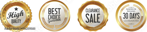 Four gold foil seals with promotional text on a white background