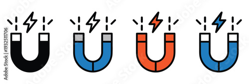Magnet icon set in multiple styles illustrating magnetic attraction, business lead generation concept, physics symbols