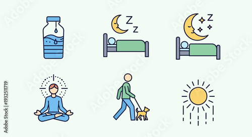A person meditates and walks a dog on a sunny and rainy day, with a water bottle and sleeping scenes nearby.