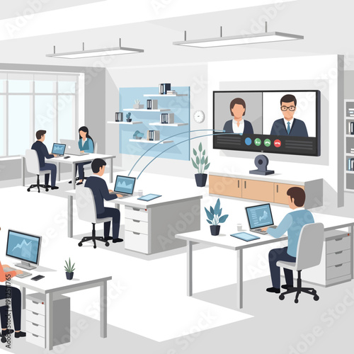 Modern office workers collaborating on a video conference call in a spacious meeting room with a large screen display