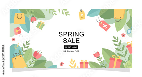 Spring sale banner with leaves and gift boxes in a vibrant illustration style