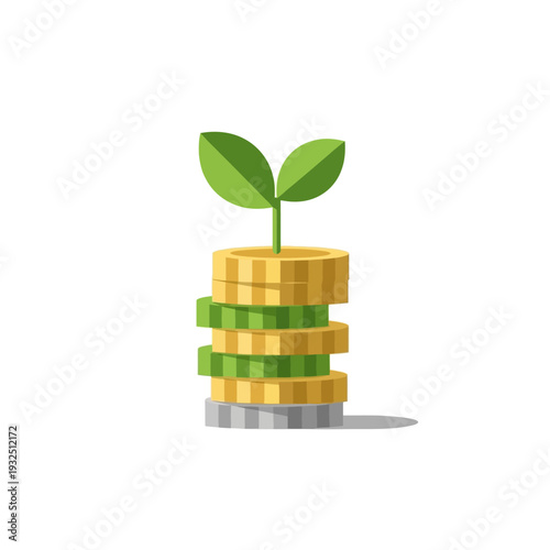 A small green plant growing from a stack of gold coins, symbolizing financial growth and investment