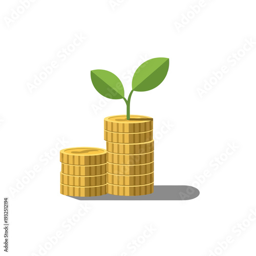 Stacks of gold coins with a growing plant, symbolizing financial growth and investment in a modern digital illustration
