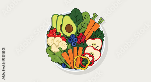A vibrant salad bowl filled with fresh vegetables, fruits, and healthy ingredients, viewed from directly above, showcasing a variety of nutritious food.